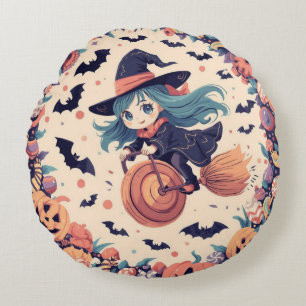 Flying Witch with Pumpkins Round Pillow