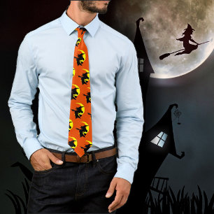 Flying Witches Pattern Orange Halloween tie