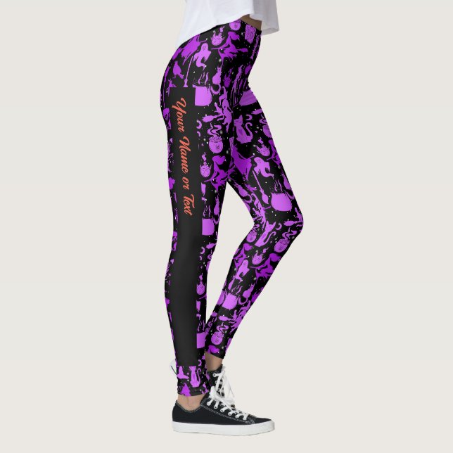 Flying witches pattern.Purple Black BG (PS) Leggings (Right)