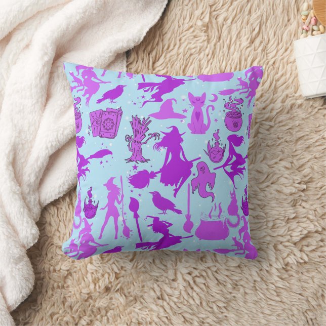Flying witches pattern.Purple L Blue BG Throw Pillow (Blanket)