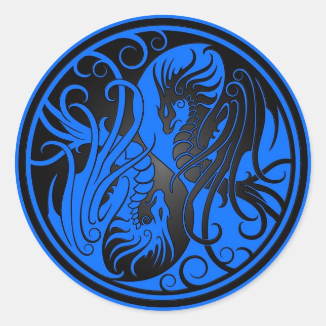 Flying Yin Yang Dragons - blue and black Classic Round Sticker (Front)