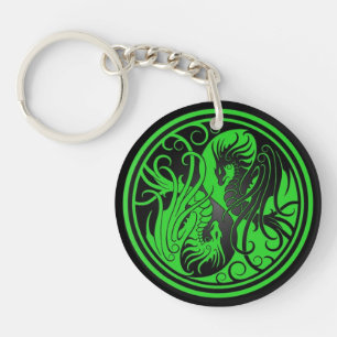 Flying Yin Yang Dragons - green and black Keychain