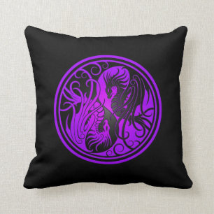Flying Yin Yang Dragons - purple and black Throw Pillow