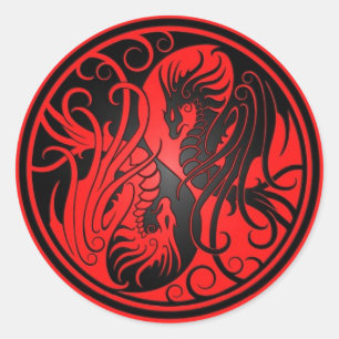 Flying Yin Yang Dragons - red and black Classic Round Sticker