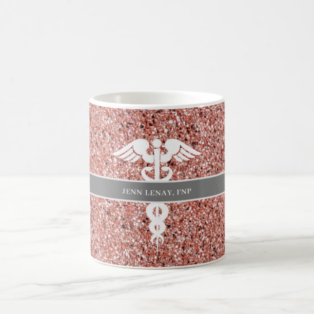 FNP Nurse Practitioner Pink Rose Gold Glitter Name Coffee Mug (Center)