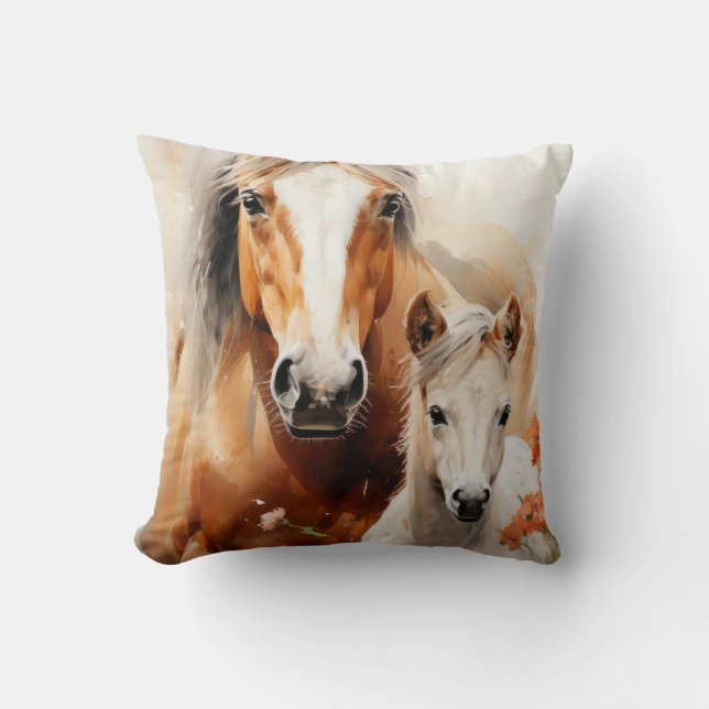 Foal and horse in the poppy meadow throw pillow (Front)
