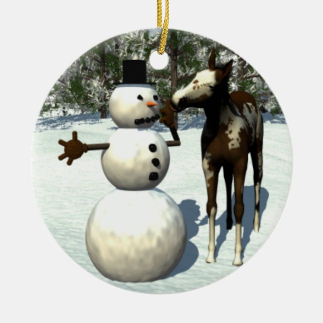 Foal and Snowman Ceramic Christmas Ornament (Front)