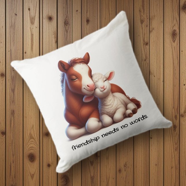 Foal & Lamb Best Friends Share a Touching Moment Throw Pillow (Baby Horse and Sheep Cuddling Friendship Needs No Words Throw Pillow Cover Photo)