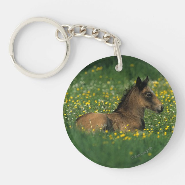 Foal Laying Down in Flowers Keychain (Front)