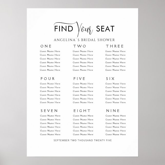 Foam Boards Seating plan 9 tables Bridal Shower Poster (Front)