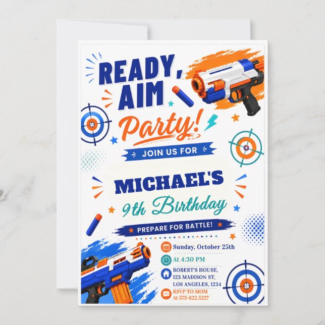 Foam Dart Battle Invite - Ready Aim Party Birthday (Front)