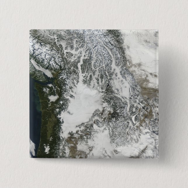 Fog and snow in the Pacific Northwest (true col 2 Inch Square Button (Front)