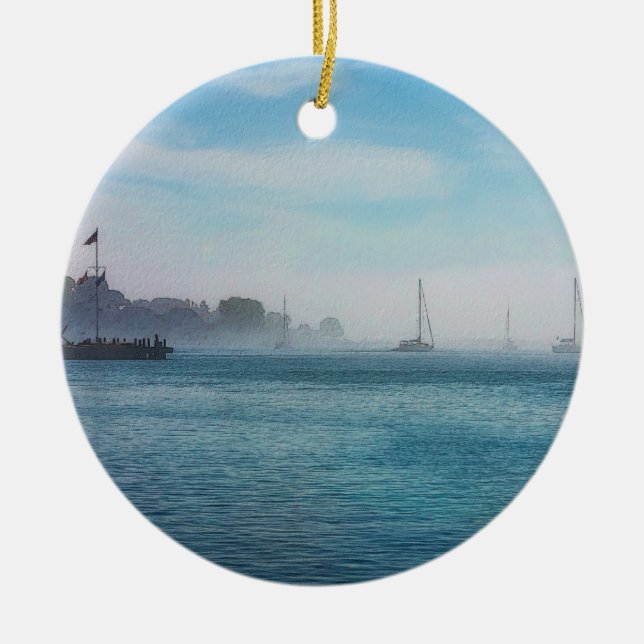 Fog At Mackinac Harbour Ceramic Ornament (Front)