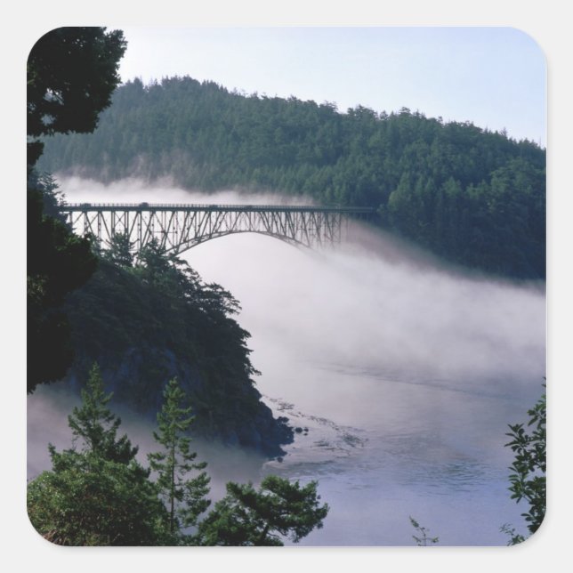 Fog drifts under the Deception Pass bridge at Square Sticker (Front)