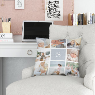 Fog Grey Monogram Photo Collage Throw Pillow