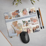 Fog Grey Stripe Photo Collage Mouse Pad<br><div class="desc">Chic photo collage mousepad displays nine favourite photos in a square format,  with your family name,  business name or choice of personalization displayed on a thin band of fog grey.</div>