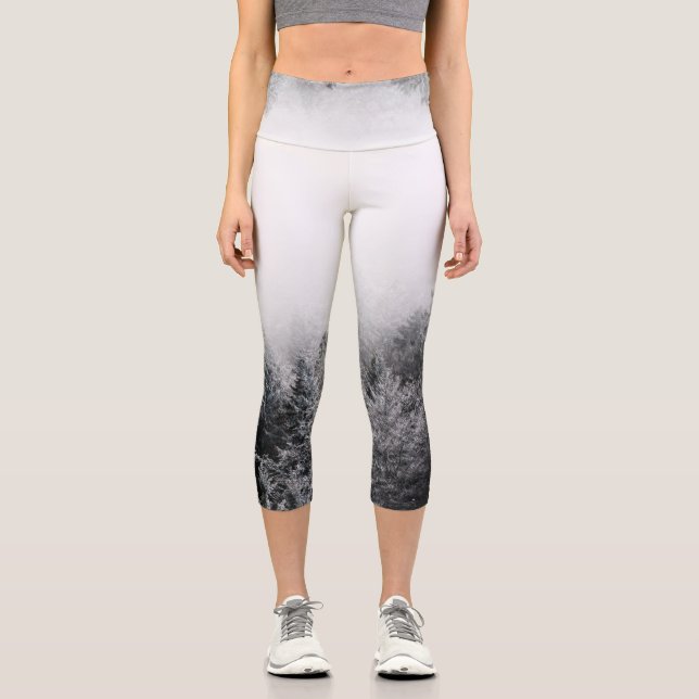 Fog over frozen forest capri leggings (Front)