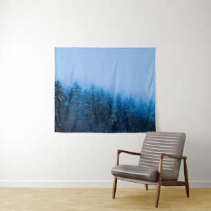 Fog over snow covered forest at lake Bohinj, Slove Tapestry