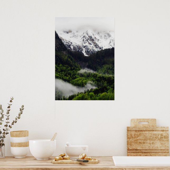 Fog rolling through forest below mountains poster (Kitchen)