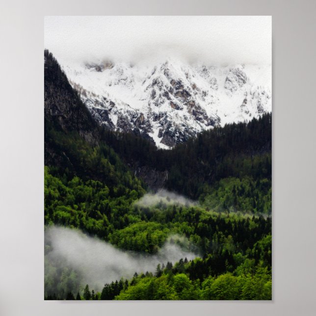 Fog rolling through forest below mountains poster (Front)