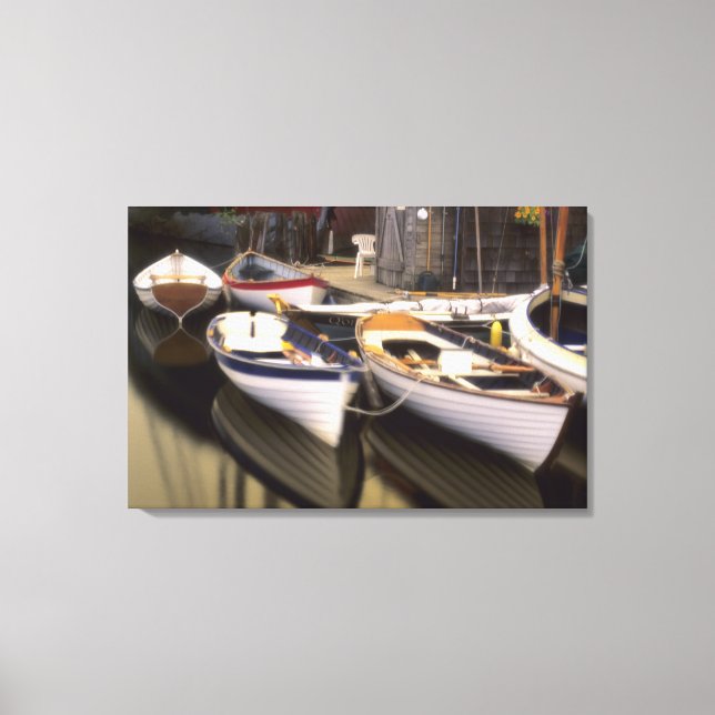 Fog surrounds four boats docked. canvas print (Front)