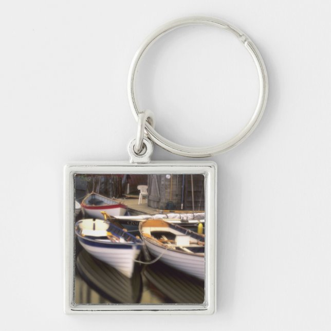 Fog surrounds four boats docked. keychain (Front)