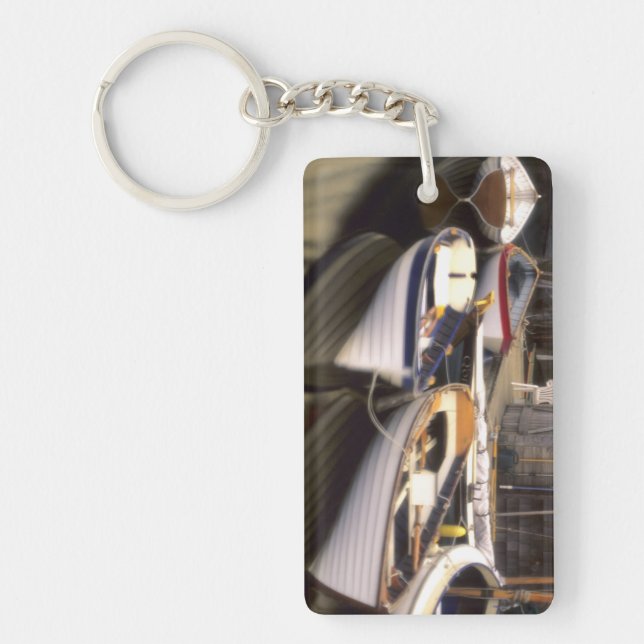 Fog surrounds four boats docked. keychain (Front)