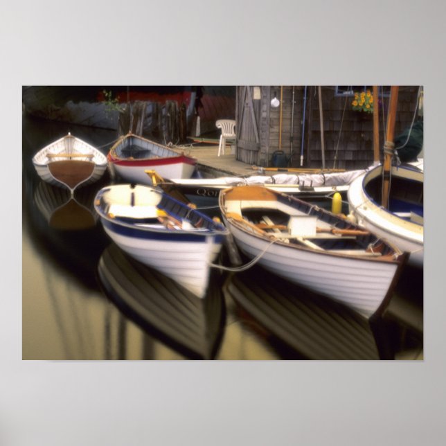 Fog surrounds four boats docked. poster (Front)