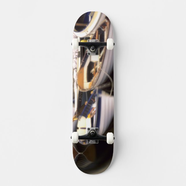 Fog surrounds four boats docked. skateboard (Front)