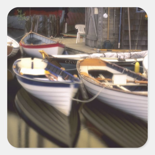 Fog surrounds four boats docked. square sticker (Front)