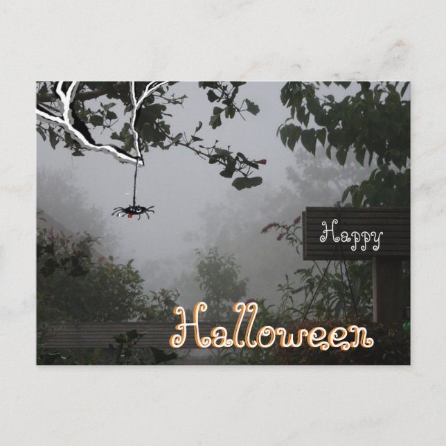 Foggy Autumn Garden with Spider HALLOWEEN Postcard (Front)