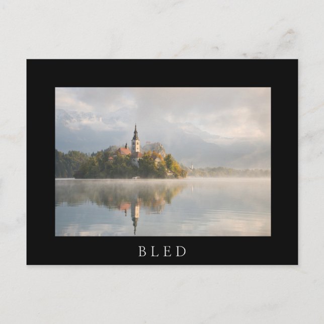 Foggy Bled Lake sunrise in autumn in Slovenia Postcard (Front)