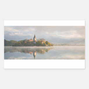 Foggy Bled Lake sunrise rectangular sticker