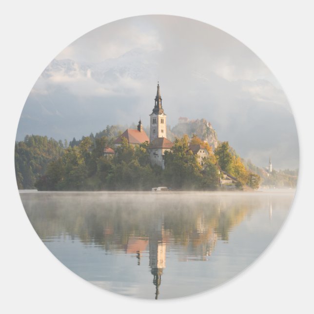 Foggy Bled Lake sunrise round sticker (Front)