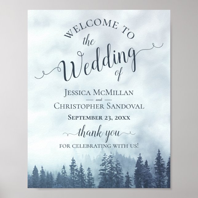 Foggy Blue Pine Forest Rustic Wedding Welcome Sign (Front)
