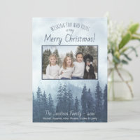 Foggy Blue Pines Photo Rustic Watercolor Christmas