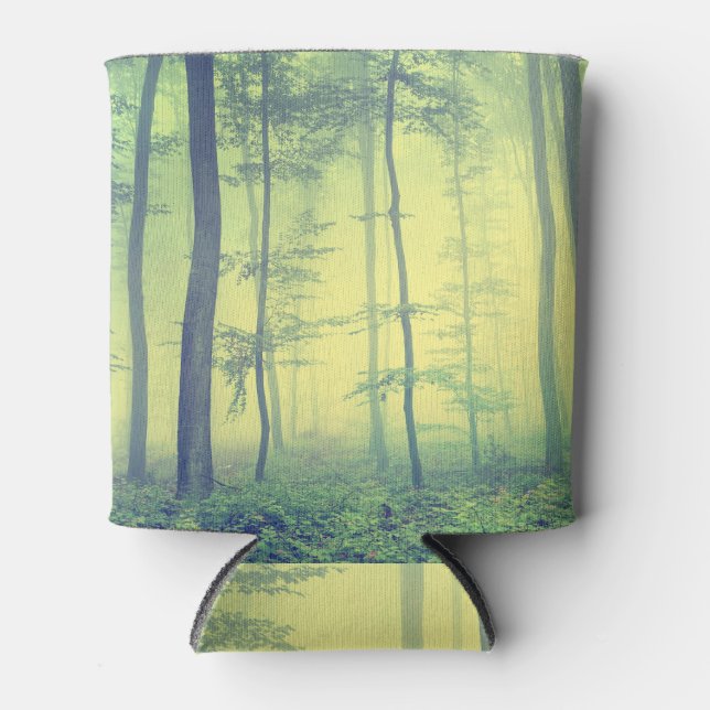 Foggy Forest: Vintage Spring Photo. Can Cooler (Front)