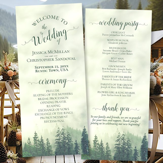 Foggy Green Mountain Pine Forest Rustic Wedding Program (Front/Back)