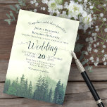 Foggy Green Mountain Pines Rustic Outdoors Wedding Invitation<br><div class="desc">This beautiful wedding invitation features a rustic yet elegant style with lacy script calligraphy on a watercolor background of green mountain pine trees shrouded in fog. The colours are a variety of shades of green,  white and pale gold,  making this invitation perfect for an outdoor,  wilderness,  or woodsy ceremony.</div>