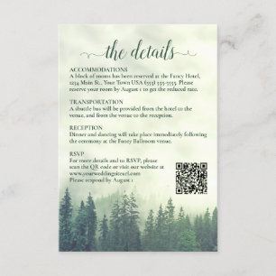 Foggy Green Pine Trees Wedding Details QR Code Enclosure Card