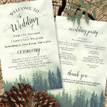 Foggy Green Pines Budget Wedding Program<br><div class="desc">These wedding programs are elegant and tasteful,  while still being budget friendly. The design features a mountain scene with green pine trees shrouded in mist or fog. The typography features lacy script calligraphy,  and there is room for details on the ceremony,  the bridal party,  and a short thank you.</div>