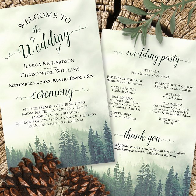 Foggy Green Pines Budget Wedding Program (Front and Back)