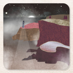 Foggy Lighthouse Square Paper Coaster
