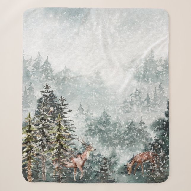 Foggy Mountain Snowy Winter Woodland Forest Deer Sherpa Blanket (Front)