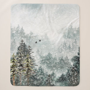 Foggy Mountain Snowy Winter Woodland Forest Ravens Sherpa Blanket