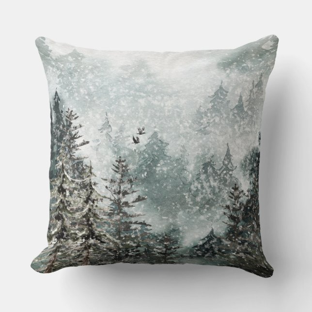 Foggy Mountain Snowy Woodland Forest Ravens Accent Throw Pillow (Front)