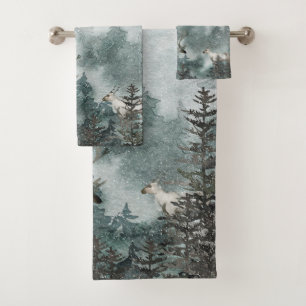 Foggy Mountain Snowy Woodland Forest Stag Deer Bath Towel Set