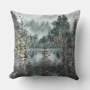 Foggy Mountain Woodland Forest Frozen Winter Lake Throw Pillow