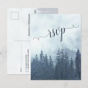 Foggy Mountains Blue Pine Forest Wedding RSVP Postcard