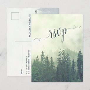 Foggy Mountains Green Pine Forest Wedding RSVP Postcard